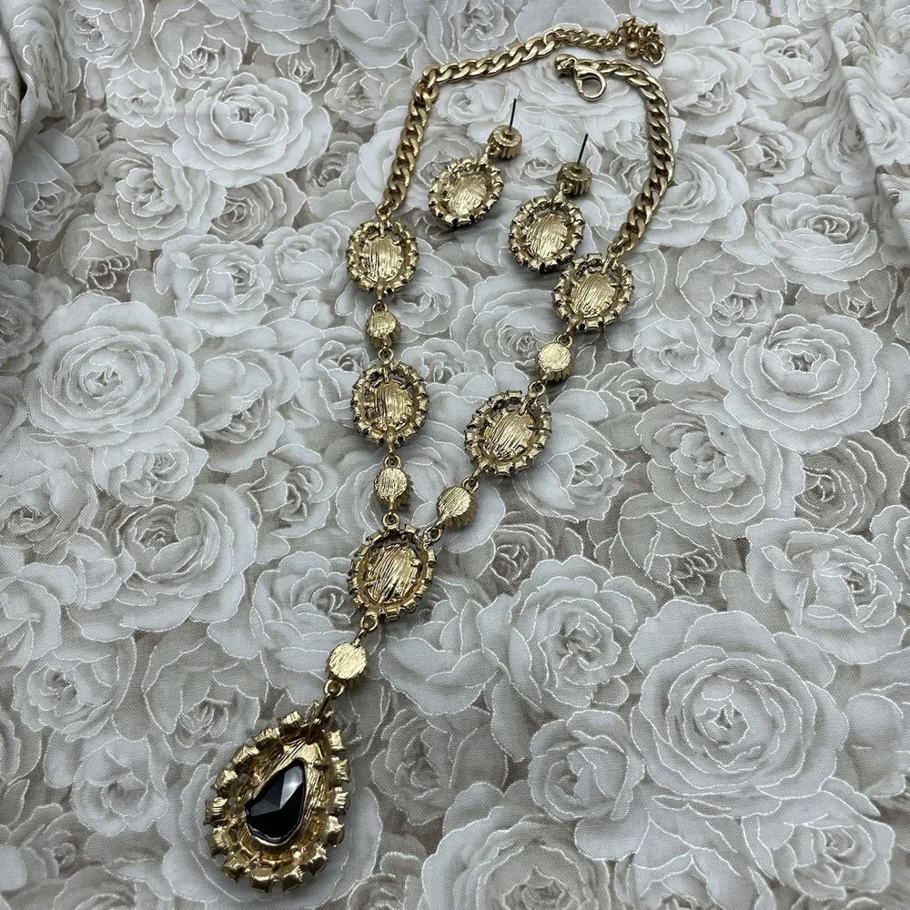 Necklace‎ & Dangle Earrings Gold Tone Black Faceted Teardrop Adjustable Fashion